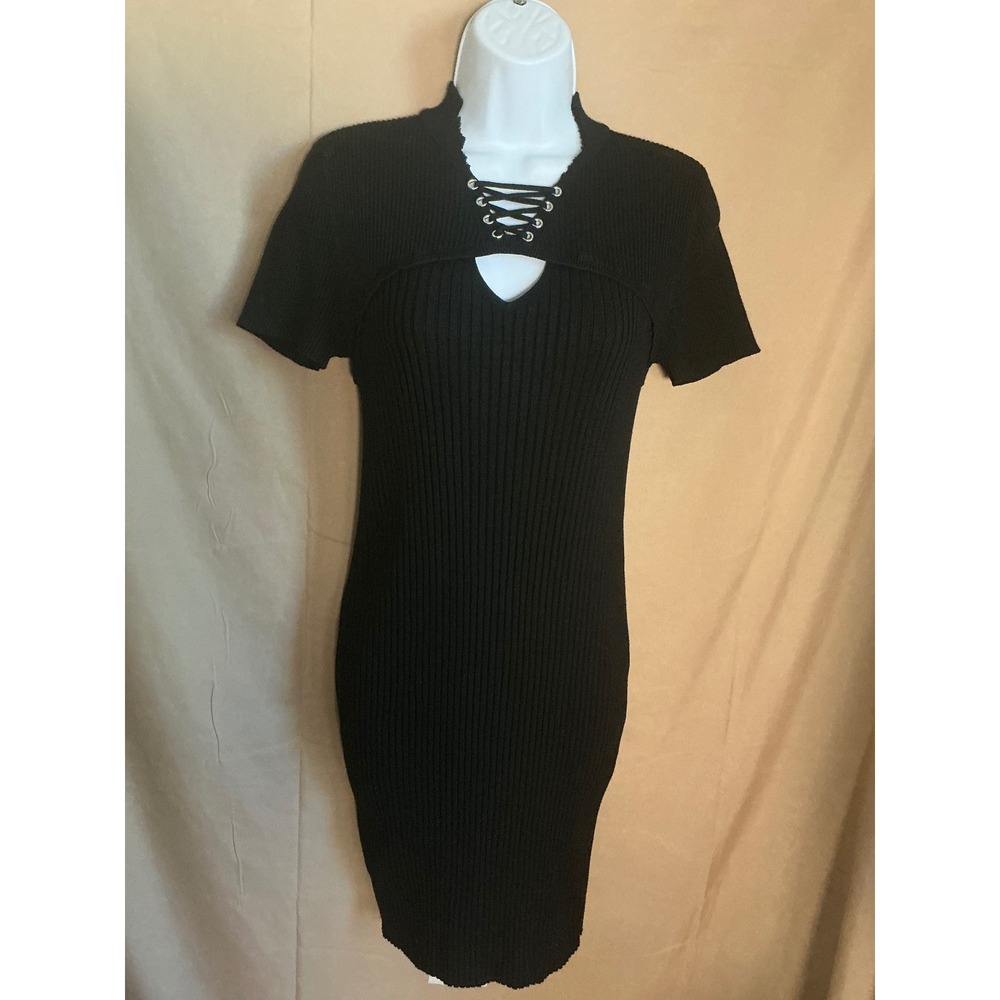 No Boundaries Bodycon Dress Womens Large Black Good Lace Up Ribbed Knit Altered